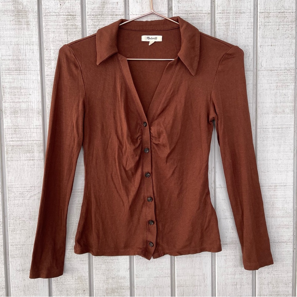 Madewell Brown Ribbed Collared Button Down Long Sleeve Top XS Minimal Casual
